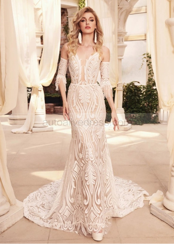 Beaded Lace Tulle Bohemian Wedding Dress With Detachable Sleeves Beaded Lace Tulle Bohemian Wedding Dress With Detachable Sleeves